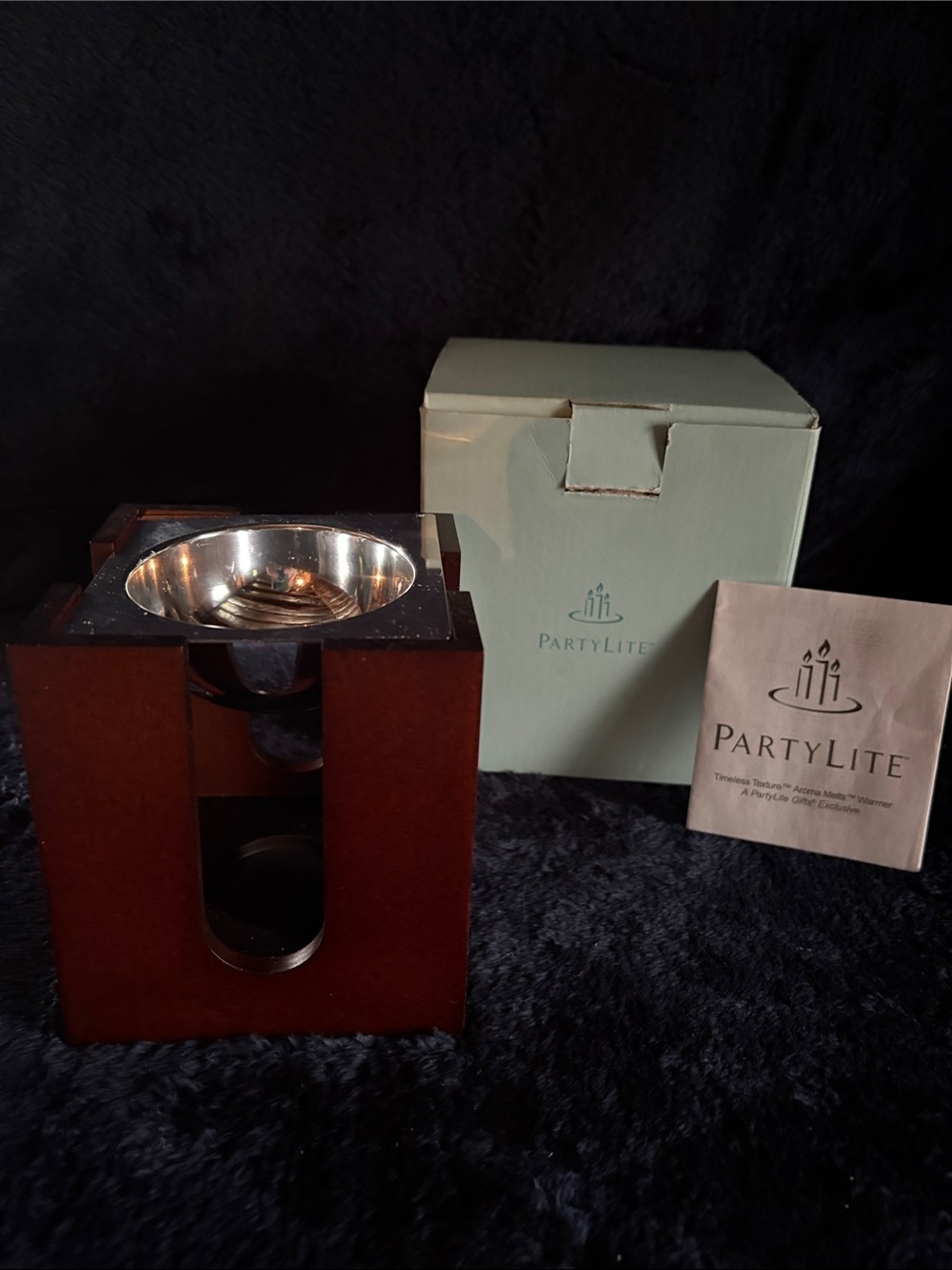 PartyLite Wooden Oil Warmer with Silver Tone Bowl
